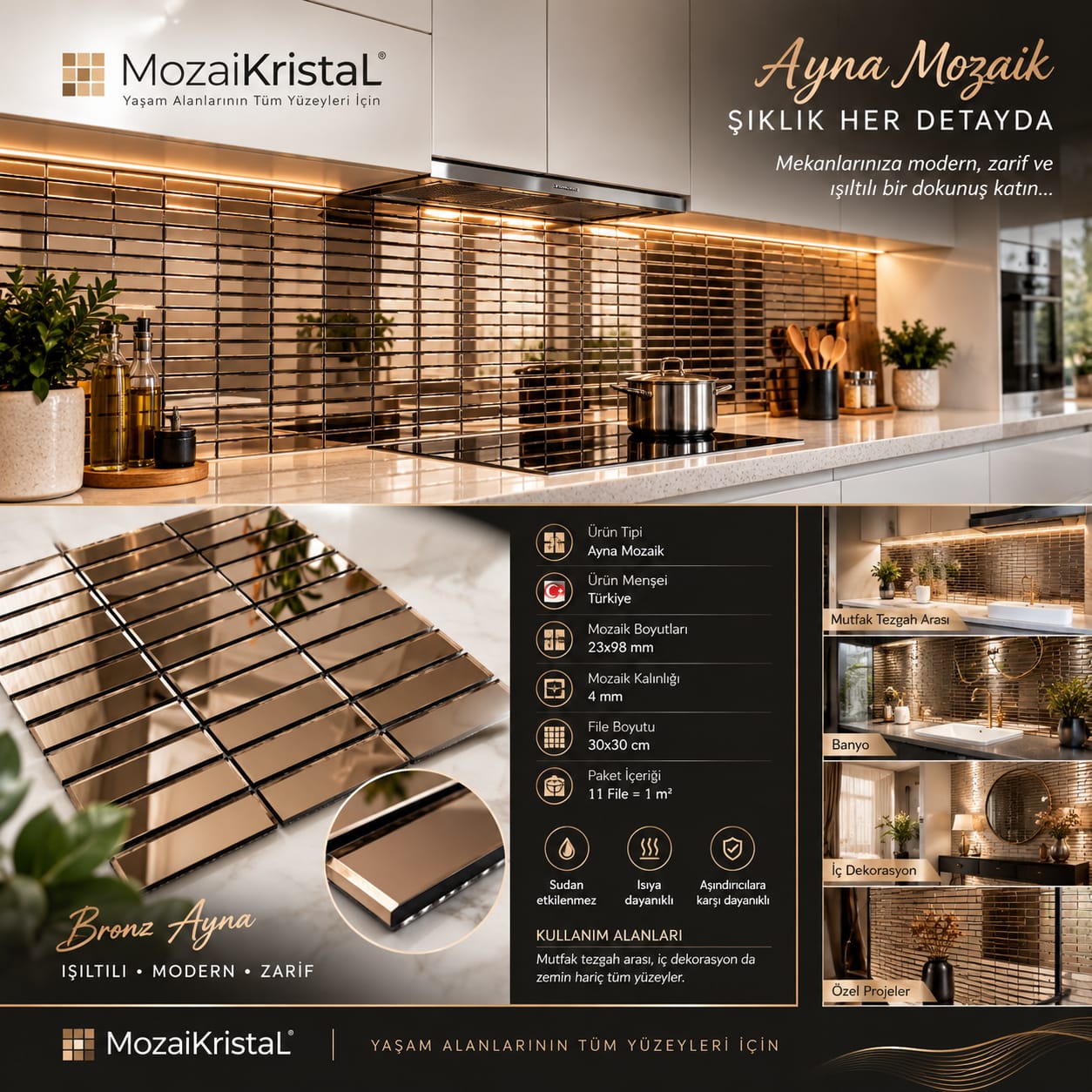 Mutfak tezgah arası ve iç dekorasyon için 23x98 Bronz Gerçek Ayna.30x30cm. Fileli  Kitkat Ayna Mozaik.