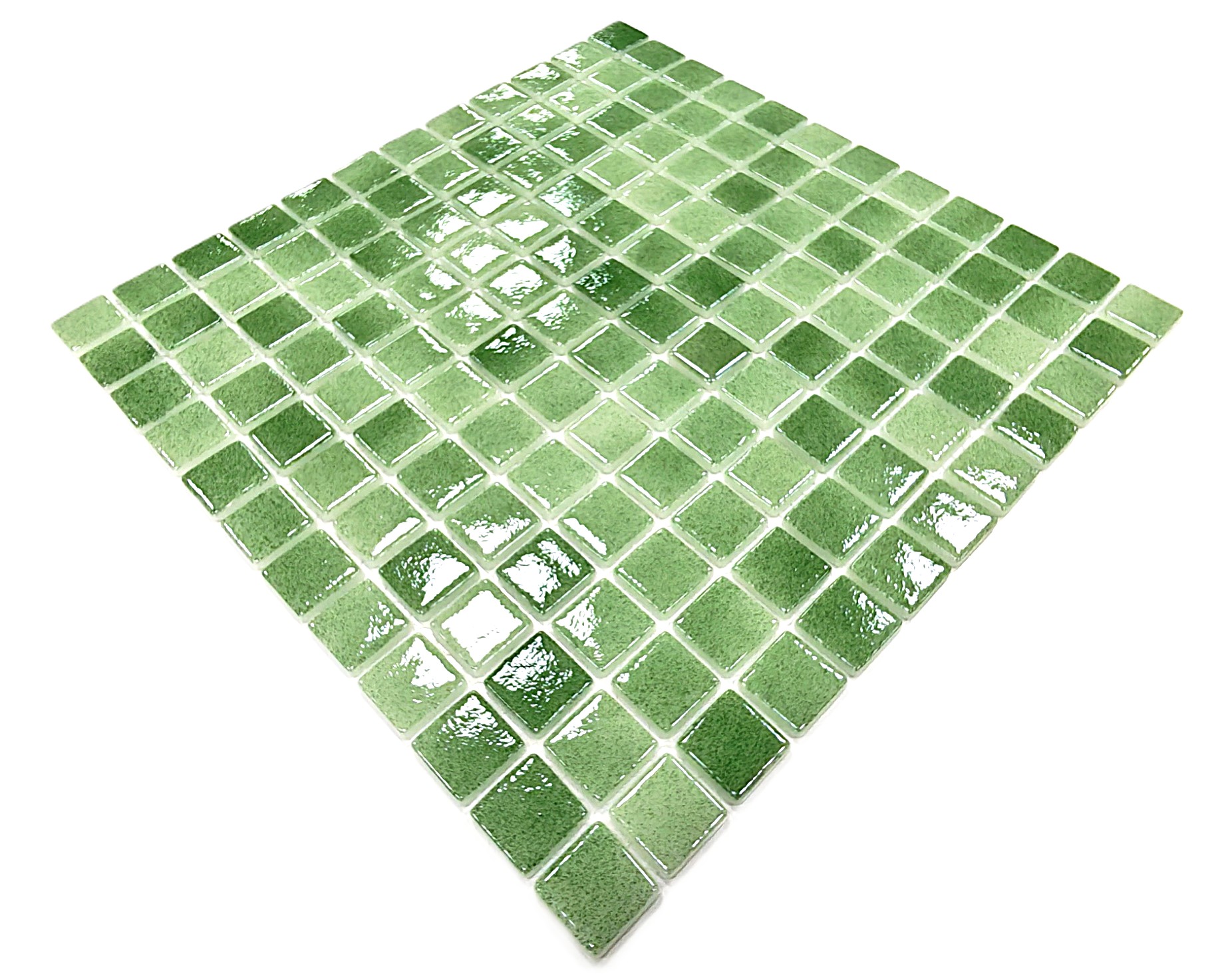 Mutfak tezgah arası, Havuz, Banyo, Sauna, Spa, iç , dış, zemin, duvar, kaplama ve dekorasyon uygulamalarında tüm yüzeyler için, 2.5x2.5cm. Püskürtme Açık Yeşil 31.5x31.5cm. Fileli Cam Mozaik.