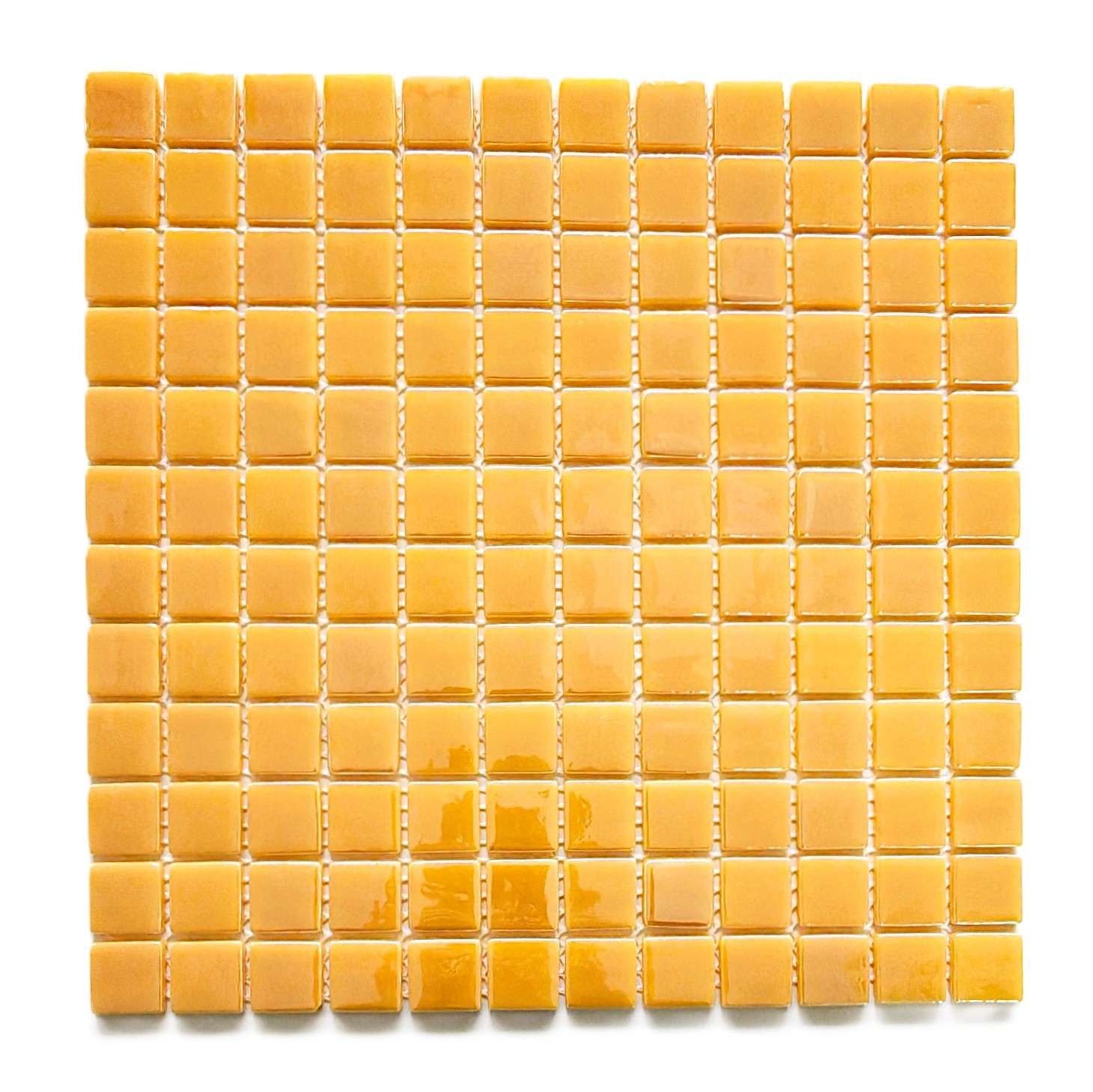 Mutfak tezgah arası, Havuz, Banyo, Sauna, Spa, iç , dış, zemin, duvar, kaplama ve dekorasyon uygulamalarında tüm yüzeyler için, 2.5x2.5cm. Açık Hardal Sarı 31.5x31.5cm. Fileli Cam Mozaik.