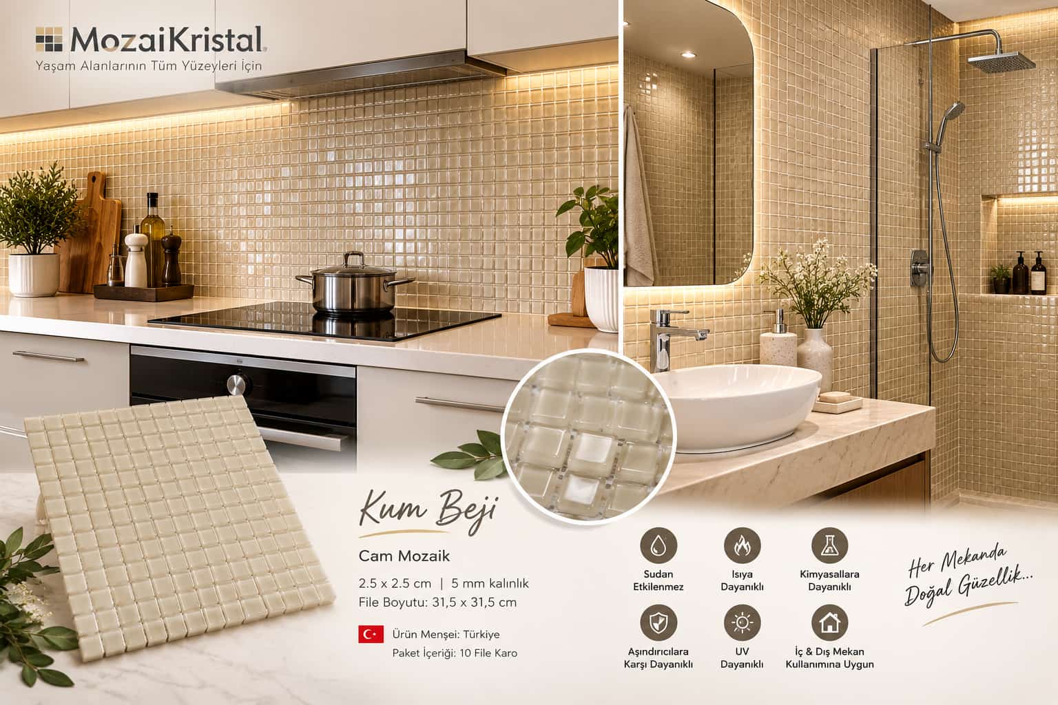 Mutfak tezgah arası, Havuz, Banyo, Sauna, Spa, iç , dış, zemin, duvar, kaplama ve dekorasyon uygulamalarında tüm yüzeyler için, 2.5x2.5cm. Kum Beji 31.5x31.5cm. Fileli Cam Mozaik.