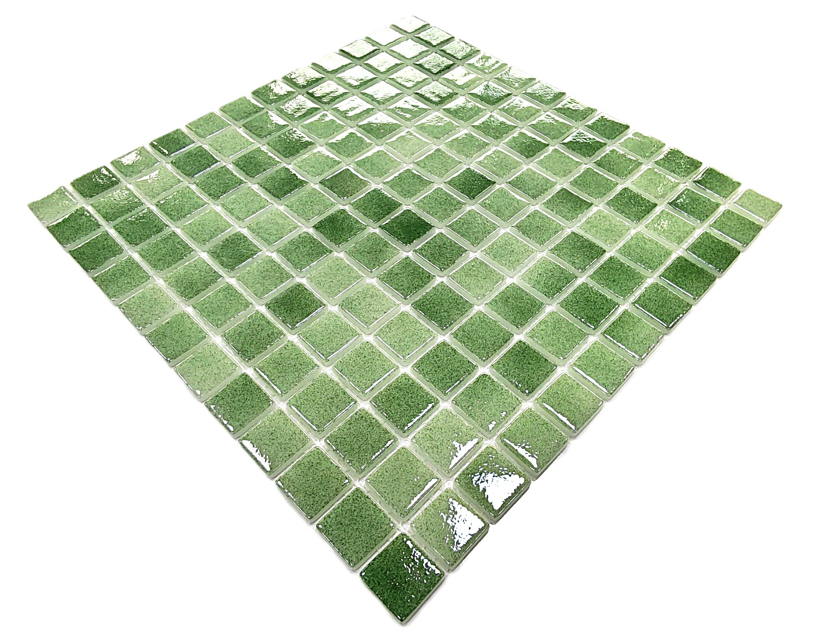 Mutfak tezgah arası, Havuz, Banyo, Sauna, Spa, iç , dış, zemin, duvar, kaplama ve dekorasyon uygulamalarında tüm yüzeyler için, 2.5x2.5cm. Püskürtme Açık Yeşil 31.5x31.5cm. Fileli Cam Mozaik.