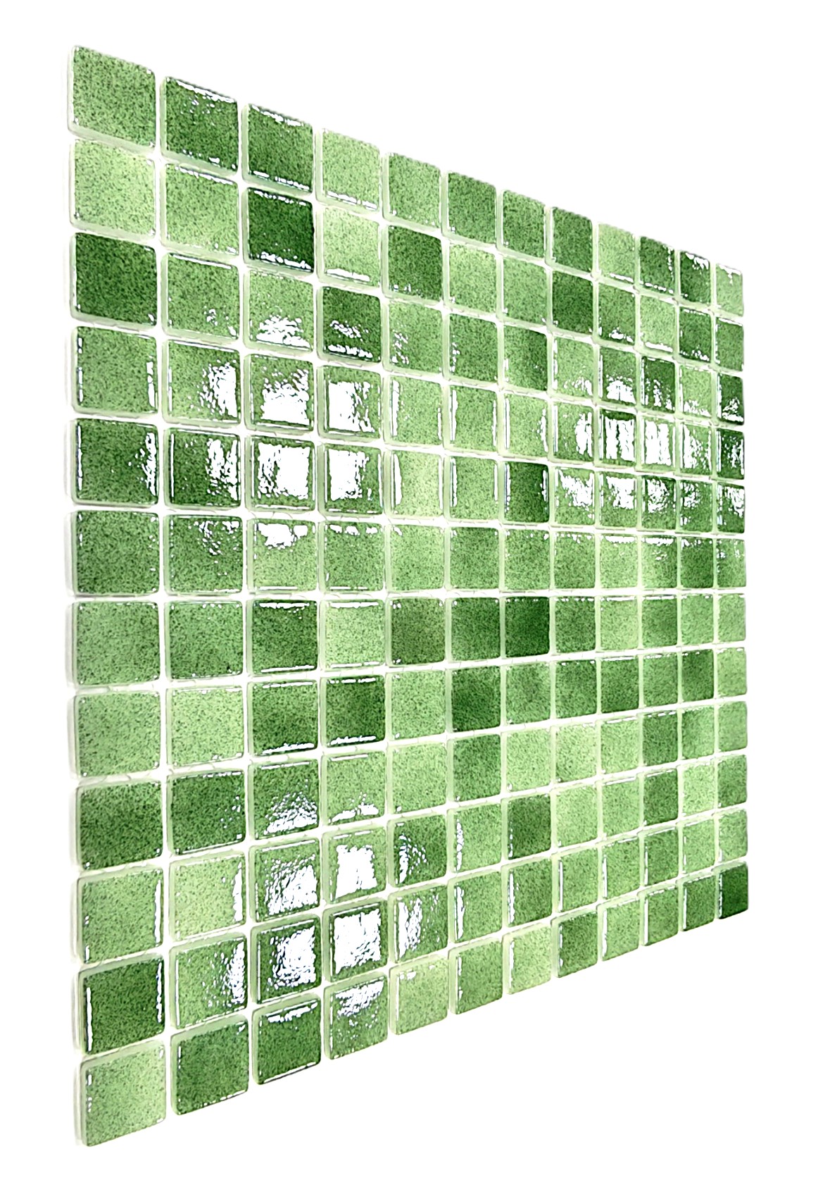 Mutfak tezgah arası, Havuz, Banyo, Sauna, Spa, iç , dış, zemin, duvar, kaplama ve dekorasyon uygulamalarında tüm yüzeyler için, 2.5x2.5cm. Püskürtme Açık Yeşil 31.5x31.5cm. Fileli Cam Mozaik.