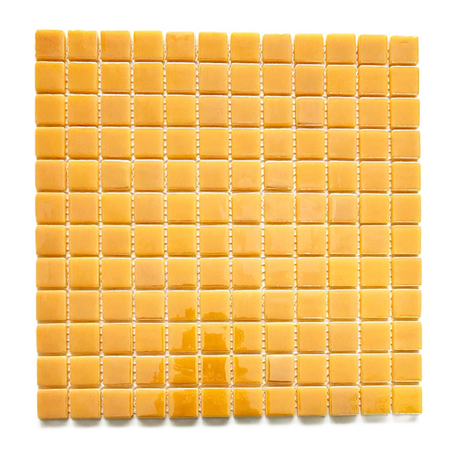 Mutfak tezgah arası, Havuz, Banyo, Sauna, Spa, iç , dış, zemin, duvar, kaplama ve dekorasyon uygulamalarında tüm yüzeyler için, 2.5x2.5cm. Açık Hardal Sarı 31.5x31.5cm. Fileli Cam Mozaik.