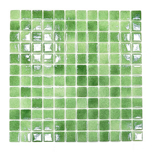 Mutfak tezgah arası, Havuz, Banyo, Sauna, Spa, iç , dış, zemin, duvar, kaplama ve dekorasyon uygulamalarında tüm yüzeyler için, 2.5x2.5cm. Püskürtme Açık Yeşil 31.5x31.5cm. Fileli Cam Mozaik.