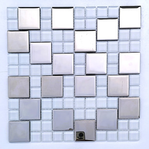 Mutfak tezgah arası, ve iç ve dekorasyonda tüm yüzeyler için, 23x23-48x48mm Beyaz-Gümüş Krom, 30x30cm. Fileli Kristal Cam Mozaik. 