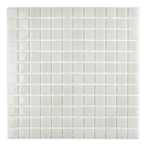 Mutfak tezgah arası, Havuz, Banyo, Sauna, Spa, ve Yaşam alanlarının tüm yüzeyleri için. 25x25mm Parlak Beyaz. 31.5x31.5 cm. Fileli Cam Mozaik. 