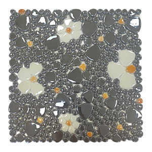 Mutfak tezgah arası, Havuz, Banyo, Sauna, Spa, iç ve dış dekorasyonda tüm yüzeyler için, Füme-Beyaz-Sarı Çiçek Desenli , 31,5x31,5cm. Fileli Cam Mozaik. 