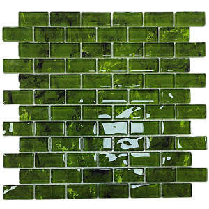 Mutfak tezgah arası, Havuz, Banyo, Sauna, Spa, Tüm Ortam ve Yüzeyler için, 23x48mm. Tramlı Yeşil, 30x30cm. Fileli Kristal Cam Mozaik. 