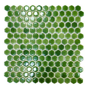 Mutfak tezgah arası, Banyo, Havuz, Sauna, Spa ve Yaşam alanlarının tüm yüzeyleri için 22 mm Hegzagonal  P. Yeşil, 30x30 cm Fileli Cam Mozaik.