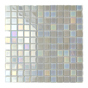 Mutfak tezgah arası, Havuz, Banyo, Sauna, Spa, iç ve dış dekorasyonda tüm yüzeyler için, 23x23x4mm. ( Hologramlı ) Lüsterli Beyaz, 30x30cm. Fileli Kristal Cam Mozaik. 